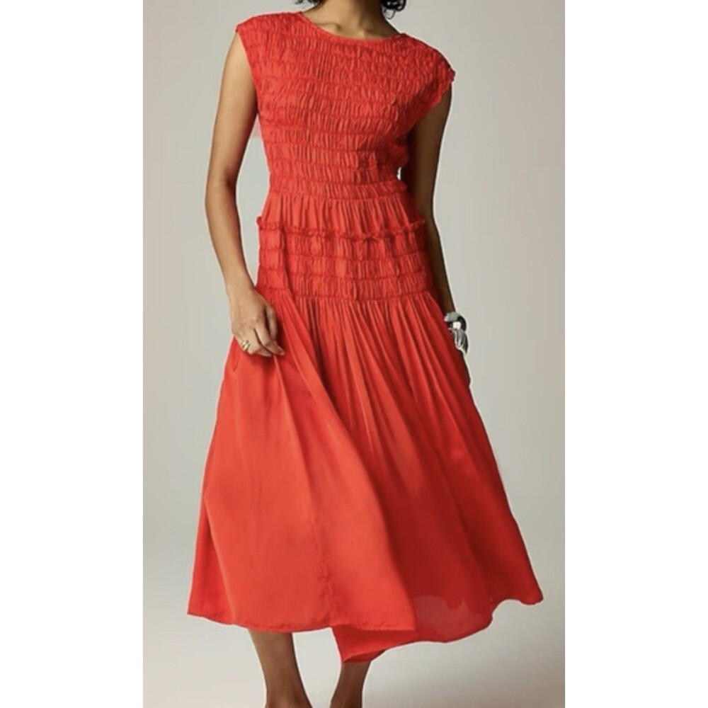 J. Crew Red Midi Dress with Smocked Bodice